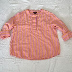 J. Crew Linen Stripe Top Pink Orange Popover Women’s Size L